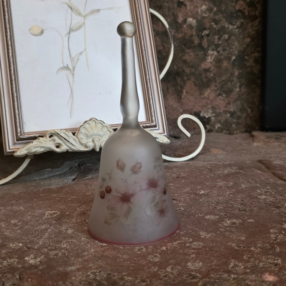 Viking Glass Frosted Satin Floral Bell Hand Painted Pink Flower USA Vintage